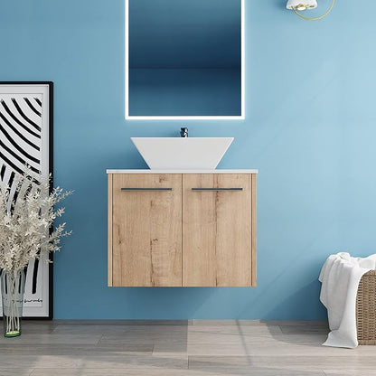 24" Floating Vanity with Sink, 24 Inch Bathroom Vanity with Sink, Modern Plywood Floating Cabinet with Sintered Stone Countertop and White Ceramic Basin, Soft Close Doors