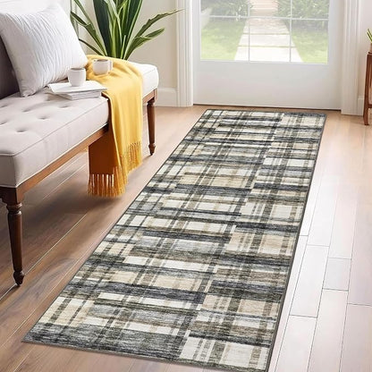 Washable Runner Rug 2x6 Runner Moder Plaid Tartan Non Slip Kitchen Rugs Low Pile Entryway Rug Soft Bathroom Rugs Stain Resistant Carpet for Hallway Laundry 2'x6' Blue&Beige
