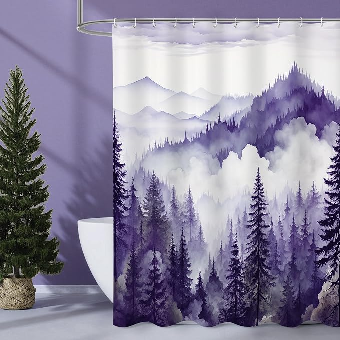Litabel Purple Misty Pine Forest Shower Curtain, Mountain Foggy Woodland Scenery Tree Shower Curtains for Chic Rustic Bathroom, Abstract Modern Waterproof Nature-Themed Decor, 72x72 Inches