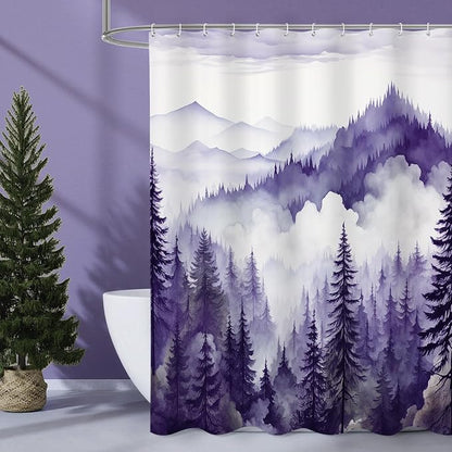 Litabel Purple Misty Pine Forest Shower Curtain, Mountain Foggy Woodland Scenery Tree Shower Curtains for Chic Rustic Bathroom, Abstract Modern Waterproof Nature-Themed Decor, 72x72 Inches