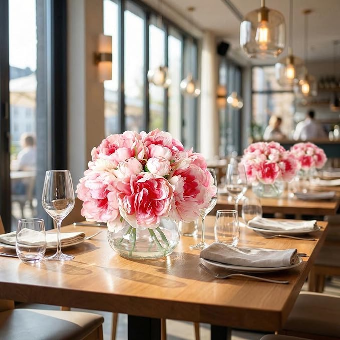 Garvee Artificial Peonies Flowers with Vase, Mixed Pink Silk Peony Bouquet with Faux Water in Glass Vase, Lifelike Fake Peonies Floral Arrangement for Table Centerpiece, Wedding, Home Decor