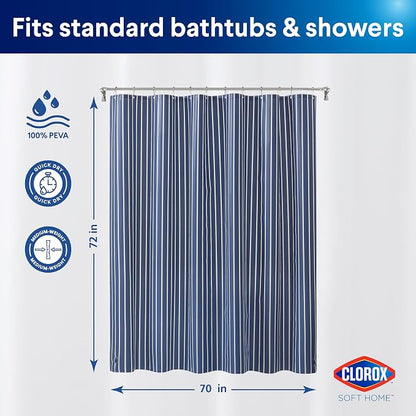 Clorox Shower Curtain Liner, Premium Striped Medium-Weight Durable Waterproof 6g PEVA for Bathroom with Weighted Magnets, Printed Standard Size 72" x 72", Navy