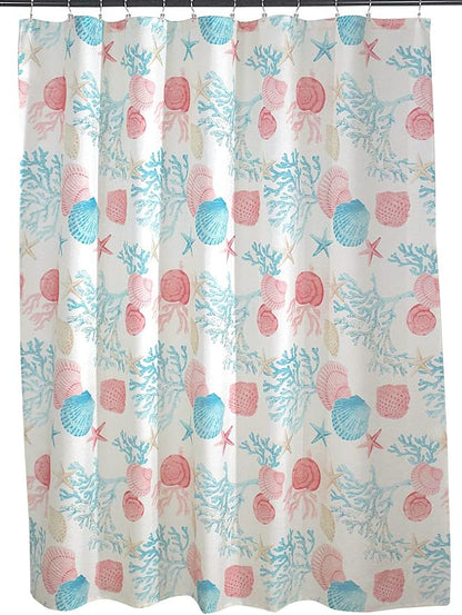 Serafina Home Coastal Fabric Shower Curtain for Bathroom: Coral Blue White Ocean Life Beach Shells Coral Sea Urchins Starfish Scallop Shells, 70" x 72" Inches, with 12 Rollerball Hooks