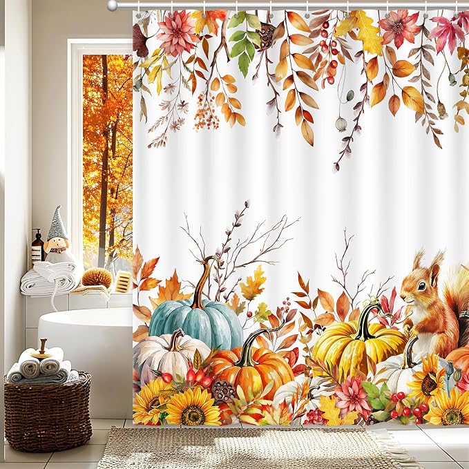 Fall Shower Curtain Harvest Pumpkin Squirrel Thanksgiving Shower Curtain Autumn Maple Leaves Sunflowers shower curtains for Bathroom Waterproof Machine Washable Home Farmhouse Decor Bath Curtains