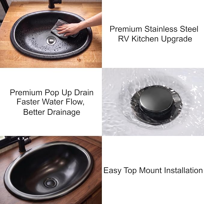LQS Black Oval RV Sink, 16.73 x 11.81 Inch Stainless Steel RV Bathroom Sink | Drop-In RV Kitchen Sink for Campers, Compact Black Bathroom Sink with 5.12-Inch Bowl and Pop-Up Drain Assembly Included