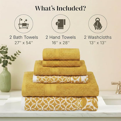 Modern Threads Botanical Vine 6-Piece 100% Cotton Towel Set – Reversible Yarn Dyed Jacquard – Includes 2 Bath Towels, 2 Hand Towels, 2 Washcloths – Absorbent, Quick Dry, Soft & Durable – Gold