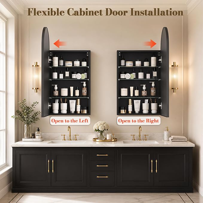 FKWin Mirrored Medicine Cabinets for Bathroom, Arched Mirror with Storage | Arched Mirrored Medicine Cabinet, Easy Install, Adjustable Shelves, Reversible Door, Bathroom Upgrade, 16x32 Inch, Black