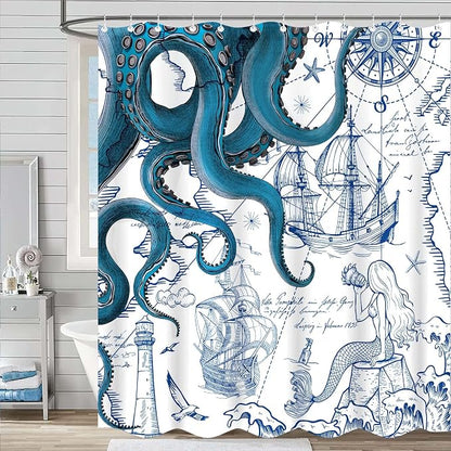 Fungarth Blue Nautical Octopus Shower Curtain Navy Mermaid Funny Ocean Kraken Shower Curtains for Bathroom Cool Anchor Coastal Map Waterproof Fabric Bath Curtain Decor with Hooks (Blue, 72” x 72”)