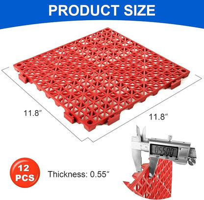 Modular Interlocking Cushion 12 Pack 11.8" x 11.8" Rubber Floor Tiles Non-Slip Splicing Drainage Mats for Deck, Pool, Outdoor Shower, Patio, Balcony, Indoor Bathroom, Kitchen, Yard (Red)