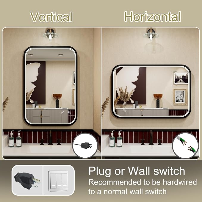 16"x24" Black LED Bathroom Mirror with 3000K/4500K/6000K Lights | Anti-Fog, Stepless Dimmable, Memory Function, Wall Mounted Aluminum Frame Lighted Bathroom Vanity Mirror, ETL Listed