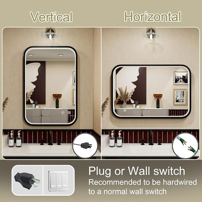 16"x24" Black LED Bathroom Mirror with 3000K/4500K/6000K Lights | Anti-Fog, Stepless Dimmable, Memory Function, Wall Mounted Aluminum Frame Lighted Bathroom Vanity Mirror, ETL Listed