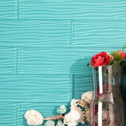 Aquamarine Water Wave Glass Subway Tile, 3 x 12 Inch, 4 Sq Ft, Backsplash for Bathroom Kitchen Wall, Green, 16-Pack