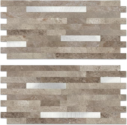 Yipscazo 2 Sheets PVC Wall Tiles Stick on Tiles for Backsplash Kitchen, Bathroom, Laundry Room, Camper, Fireplace (6'' X 12'', Brownish Stone)