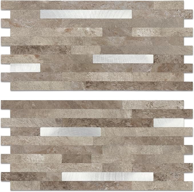 Yipscazo 10 Sheets PVC Wall Tiles Stick on Tiles for Backsplash Kitchen, Bathroom, Laundry Room, Camper, Fireplace (6'' X 12'', Brownish Stone)