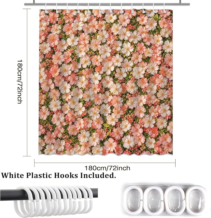 Floral Shower Curtain Pink Farmhouse Flowers Shower Curtain 72 X 72 Inch | with Waterproof Washable Bath Curtain for Boho Floral Bathroom Decor