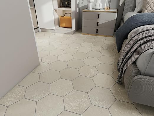 W&S 24-Sheets Beige Hexagon Peel and Stick Floor Tile, Faux Stone Peel and Stick Backsplash for Kitchen, Self Adhesive Luxury Flooring Tile DIY for Bathroom, Living Room, RV