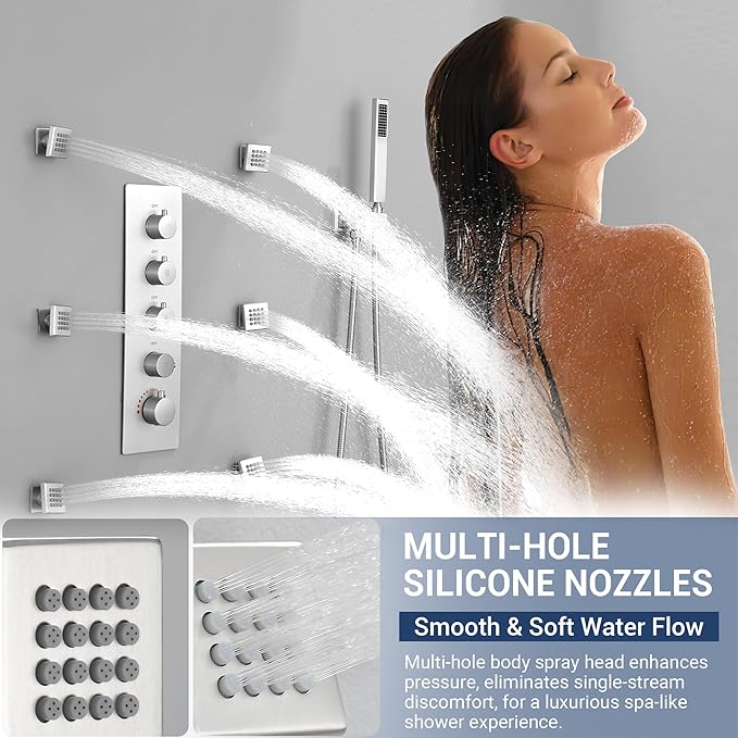 Luxury Thermostatic Rain & Waterfall Shower System with 22” Rain Shower Head & 6 Body Jets, Wall Mounted Shower Faucet Sets with Handheld Sprayer, 3/4” Inlet Thermostatic Valve