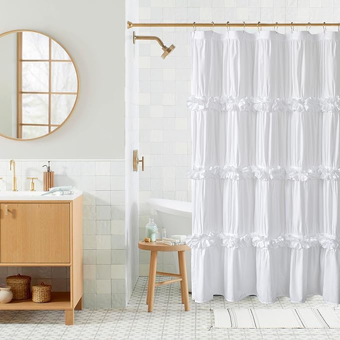 Homechoice Decor Ruffle Shower Curtain 60" x 72" White, Stall Size | Ruched Microfiber Vintage Handcrafted Bow Tie, Victorian Bath Curtain with 10 Buttonholes, Machine Washable (LQ-10)