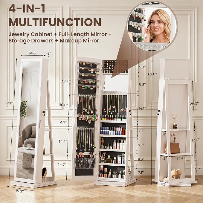 4-In-1 Jewelry Cabinet Jewelry Armoire Lockable Standing, White | Jewelry Organizer with Storage, Full-Length Mirror, 3 Storage Shelves, Makeup Mirror, 360 ° Swivel Jewelry Armoire for Women