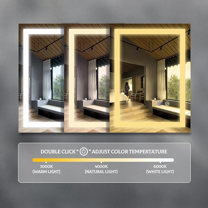 16"x 24" LED Bathroom Mirror Vanity Mirror, Anti-Fog, Dimmable, Color Temperature Adjustable 3000-6000K, Switch-held Memory Led Wall Mirror Suitable for Bathroom, Vanity (Vertical/Horizontal)