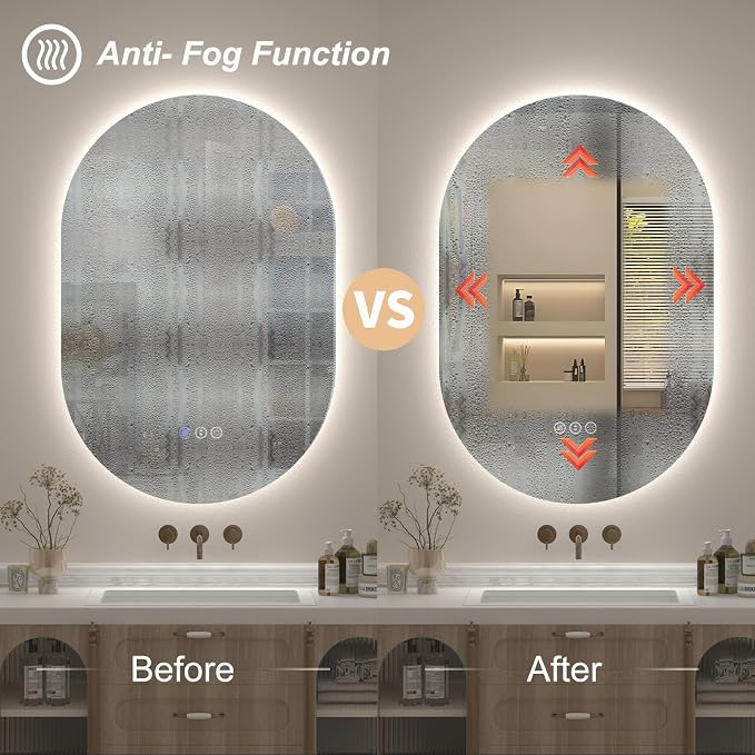 SMIROR 40x30 Oval Backlit LED Bathroom Vanity Mirror with Lights for Wall | Pill-Shaped, 3 Color Lighting, Anti-Fog, Memory, Tempered Glass, UL, Horizontal/ Vertical Wall- Mounted