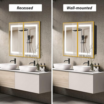 APRILSOUL 40x32 Inch Lighted Bathroom Medicine Cabinet with Mirror, Gold Recessed or Surface Mount Medicine Cabinet Mirror with Storage and LED Lights, 3 Colors Temperature, Dimmable Light