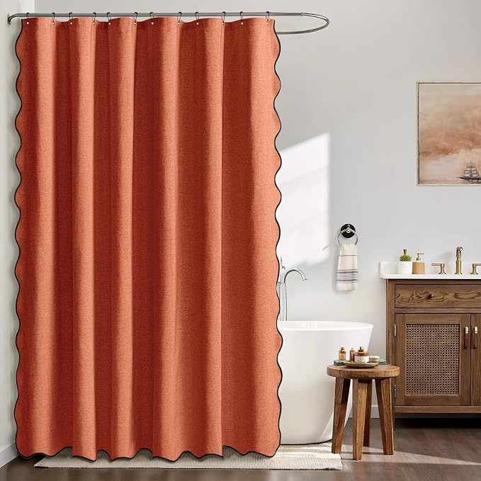 MIULEE 72"x84" Extra Long Scalloped Linen Shower Curtain Burnt Orange | Linen Textured, Waterproof, Washable, 12 Metal Hooks, Heavy Duty Cloth, Black Border, Shower Curtain for Bathroom Bathtub