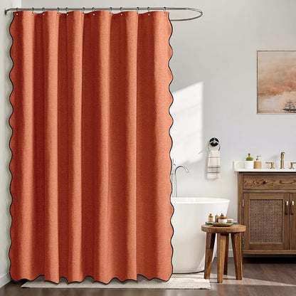 MIULEE 72"x84" Extra Long Scalloped Linen Shower Curtain Burnt Orange | Linen Textured, Waterproof, Washable, 12 Metal Hooks, Heavy Duty Cloth, Black Border, Shower Curtain for Bathroom Bathtub