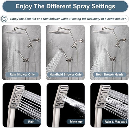 BRIGHT SHOWERS High Pressure Rain Shower Head Combo with Double Extension Arm, 8 Inch Rainfall Shower Head with Handheld Spray, Height Adjustable Dual Square Showerhead Set, Brushed Nickel