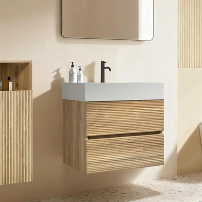 24 Inch Floating Bathroom Vanity with Sink, Modern Floating Bathroom Cabinet with 2 Soft-Closing Drawers, Large Storage for Powder Room, Apartment, Hotel, Rough Oak Finish, Fir Collection