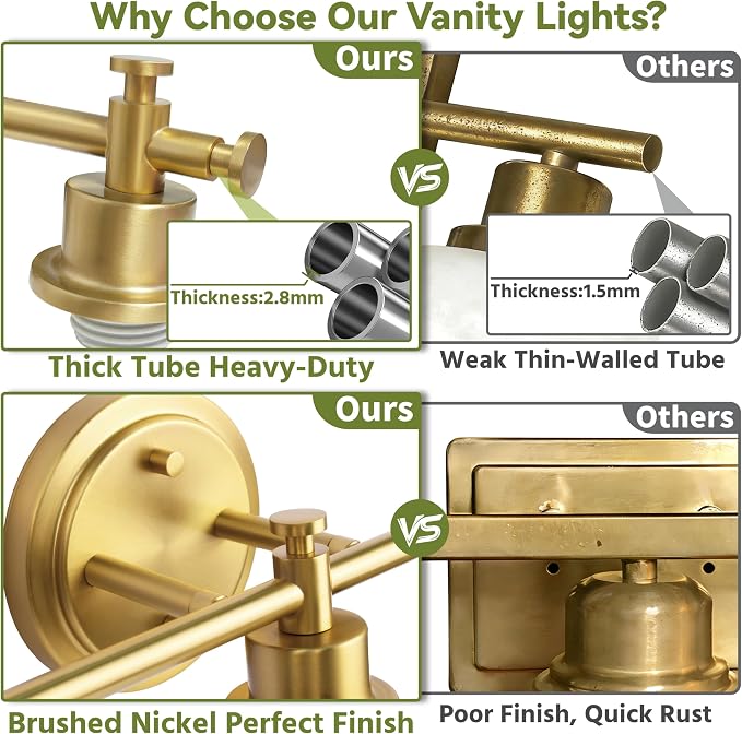 Bathroom Vanity Light, 3-Bulb Brushed Gold Vanity Light for Bathroom 17.5'' | Modern Champagne Gold Wall Sconce with White Glass Shades, Anti-Rust Light Fixtures over Mirror (Bulbs Not Included, E26)