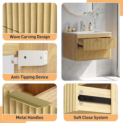 24 Inch Floating Bathroom Vanity Without Sink, Bathroom Wall Cabinet with 2 Fluted Drawers & Metal Handle, Wall Mounted Cabinet for Bathrooms (Natual Yellow, 24 inch, Without Sink)