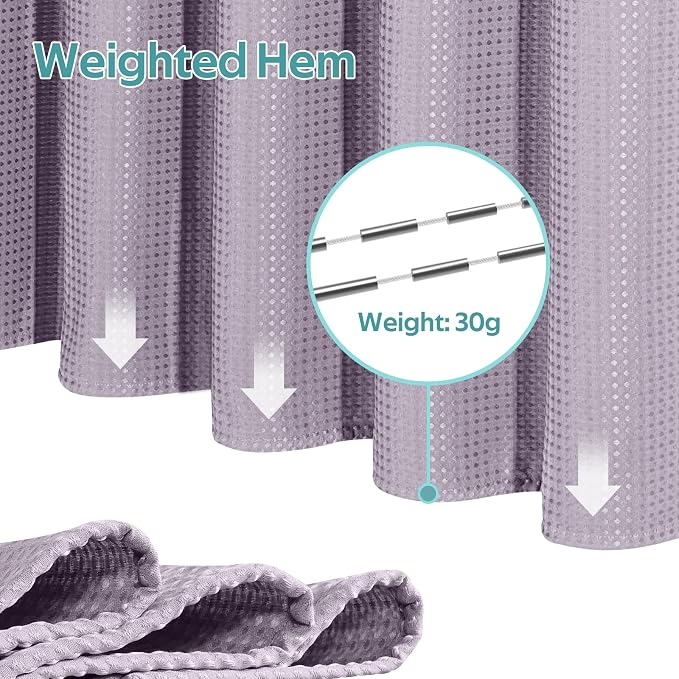 3 in 1 Shower Curtain Set, Waffle Shower Curtain and Liner Set with 12 Double Sided Shower Curtain Hooks, 258GSM Luxury Weighted Cloth Shower Curtains for Bathroom, 72 W x 72 H, Lavender