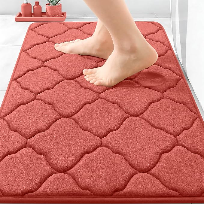 OLANLY Memory Foam Bath Mat Rug 30x20, Ultra Soft and Absorbent Bathroom Rugs, Non-Slip, Comfortable, Machine Washable Bath Carpet for Bathroom Floor, Tub, Shower and Home Decor Accessories, Coral