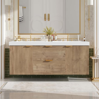 SOFTSEA 60" Double Sink Bathroom Vanity, Floating Bathroom Cabinet with 2 Storage Drawers & Soft Close Doors, Modern Wall Mounted Double Vanity with SMC Sink, Golden Handle, Wood