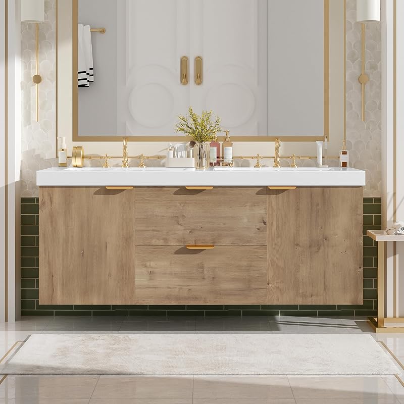Modern Double Sink Wall-Mounted Bathroom Vanity 60 Inch with SMC Countertop and Divided Drawers, Vintage MDF Cabinet with Storage, Soft Close Doors and Metal Handles for Large Bathrooms, Natural