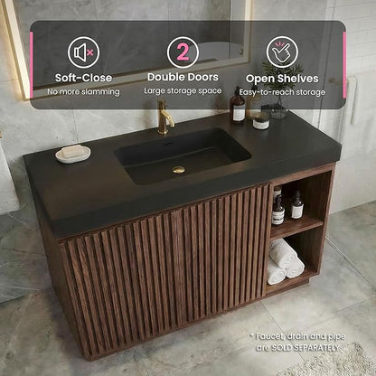 48" Bathroom Vanity with Sink Combo, Mid Century Modern Bathroom Cabinet with Doors & Open Shelf, Matte Black Integrated Sink with Overflow, Brown Walnut