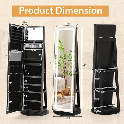 GOFLAME 360° Swivel Jewelry Cabinet Armoire with Full Length Mirror, Standing Jewelry Storage Organizer with Rear Storage Shelves, 3-Color LED Lights, Foldable Shelf, Interior Mirror, Black