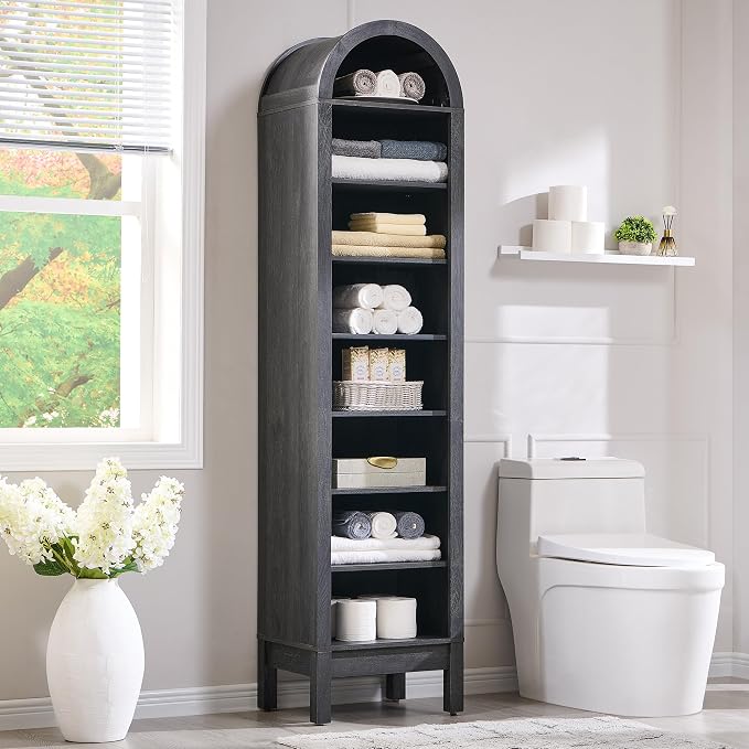 IFBUY 71" Tall Arched Bathroom Storage Cabinet, 8-Tier Modern Farmhouse Storage Cabinet with Adjustable Shelves, Wood Freestanding Cabinet for Bathroom, Living Room, Entryway, Hallway (Dark Grey)