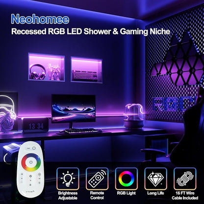 18X12 RGB Shower Niche, Brushed Nickel Stainless Steel LED Wall Niche, No Tile Needed Wall Cabinet for Bathroom Storage Built-in Installation