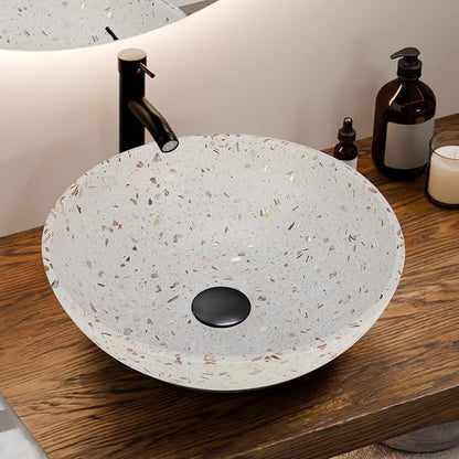 YIMAI Terrazzo Vessel Sink with Faucet and Drain, 15.7" Round Concrete Bathroom Sink Above Counter, Modern Artisanal Wash Basin Bowl with Matte Finish, Easy Install Combo Set for Vanity