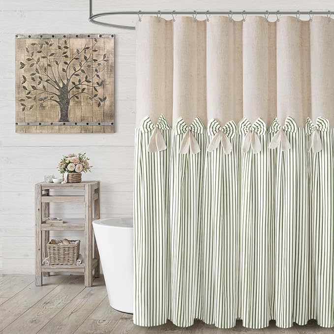 Farmhouse Shower Curtain Linen Bow Pleated Green Stripe 72"W x 72"L | Farmhouse Style, Chic Bow, Striped, Linen Fabric, Rustic, Country, Natural Look, Washable, for Bathroom Bathtub