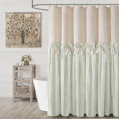 Farmhouse Shower Curtain Linen Bow Pleated Green Stripe 72"W x 72"L | Farmhouse Style, Chic Bow, Striped, Linen Fabric, Rustic, Country, Natural Look, Washable, for Bathroom Bathtub