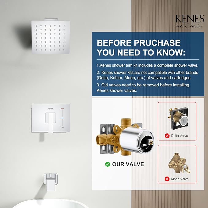 KENES Chrome Tub and Shower Trim Kit, Square Shower Set with Tub Faucet | Shower Faucet with 6-Inch Rain Shower Head, Square Shower System, Valve Included, Lead-Free cUPC & NSF Certified, Stainless