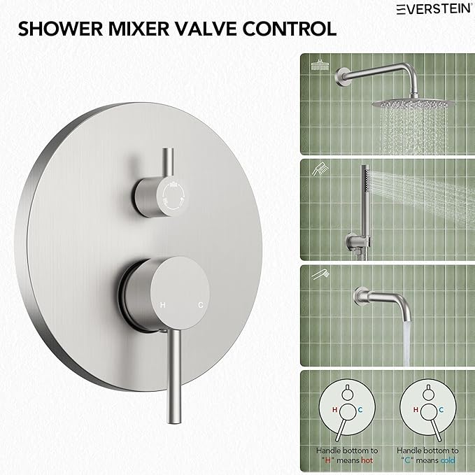 10" High-Pressure Rainfall Shower System with Handheld Spray, Wall Mount Bathroom Shower Faucet Set with Tub Spout (Brushed Nickel)