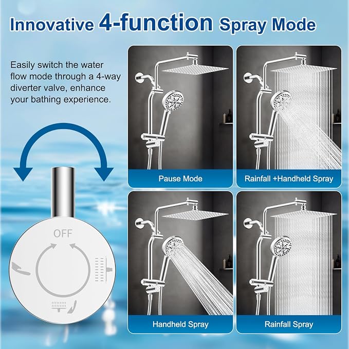 Metal 12" Rain Showerhead with 10-Spray Handheld, Easy Reach 4-way Diverter | NSF/ANSI/CAN 372 Certified, Chrome, High Pressure Shower Head with Pause Mode, 71" Stainless Steel Hose/12" Extension Arm