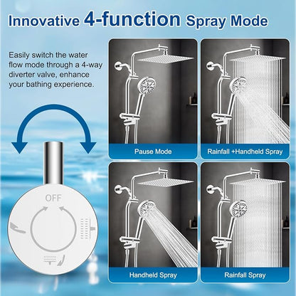 Metal 12" Rain Showerhead with 10-Spray Handheld, Easy Reach 4-way Diverter | NSF/ANSI/CAN 372 Certified, Chrome, High Pressure Shower Head with Pause Mode, 71" Stainless Steel Hose/12" Extension Arm