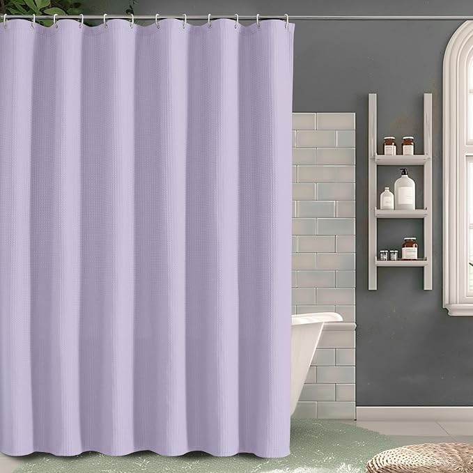 Long Fabric Shower Curtain Set, Waffle Textured Shower Curtain for Bathroom - Weight 230GSM Heavy Duty Hotel Spa Luxury Bath Curtain Set with 12 Plastic Hooks, 72Wx78L, Lavender