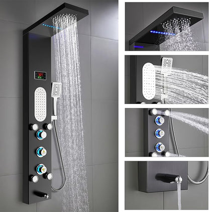 ELLO&ALLO LED Shower Panel Tower System, Rainfall and Mist Shower Head Rain Massage with Body Jets, Brushed Black