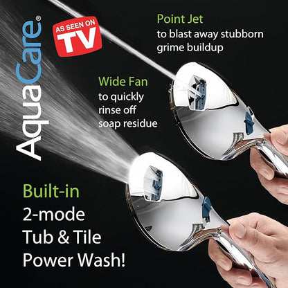 AquaCare 48-mode High Pressure 3-way Shower Head Combo w/ 2-mode Power Wash | Pure Clean Jets, Dual Handheld Power Wash for Tub, Tile & Pets, Long 6 ft. Stainless Steel Hose, Extra Wall Bracket / Chrome
